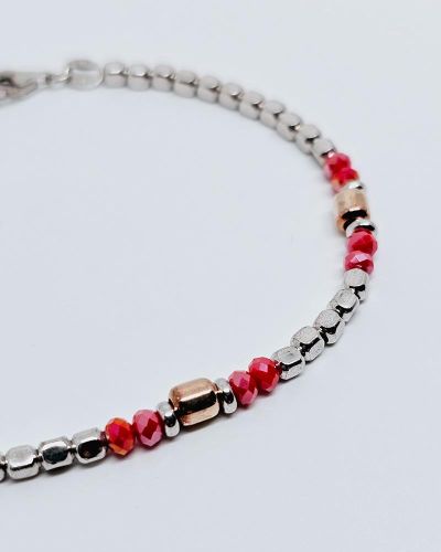 Bracciale donna argento 925% con pepite bianche, rosa e pietre rosse