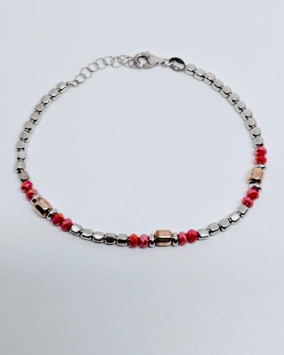 Bracciale donna argento 925% con pepite bianche, rosa e pietre rosse